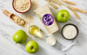 Chatime frozen drink product photography with apples and oats