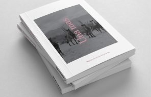 Hardcover book design with a black and white photographic cover